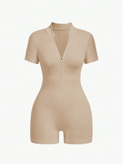 Eassivo Eassivo 女士纯色前拉链短袖修身休闲连体裤