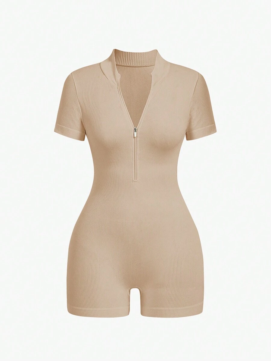 Eassivo Eassivo 女士纯色前拉链短袖修身休闲连体裤