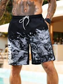 Manfinity Swimmode Men's Casual Cat Print Drawstring Waist Beach Shorts, Summer