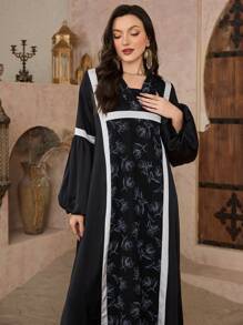 Al Najma 2025 New Style Vintage Floral Print Flared Sleeve Maxi Dress, Turkish Abaya Kaftan Jalabiya Dress - Black - View 4