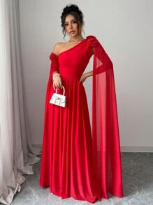 Rafferiza 1 件长袖褶皱薄纱连衣裙，奢华派对礼服，适合情人节、中国新年 - 紅色 - 查看 10