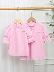 SHEIN Tween Girl Collared Button-Down Shirt With Pleats, A-Line Hem, Lantern Sleeves And Ruffle Accents, Paired With Skirt Or Dress, Suitable For Casual Outings, Home Wear, Parties, Summer (Shirt And Skirt/Dress Sold Separately)