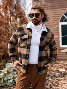 Manfinity Homme Áo khoác cổ len kẻ caro cho nam, Áo khoác nam dài tay màu trơn có đệm, Áo khoác ấm cho nam, Áo khoác nam mùa đông, Áo khoác kaki, Áo khoác lót nhiệt - Nhiều màu - Xem 4