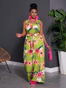 Slaydiva 2025 New Rave/Easter Outfit, Old Money Style, Country Concert Outfit, Going Out, Fairycore, Festival, Tropical Vacation Clothes, Summer Outfit For Women, Summer, Rave, European Summer, Spring Outfit, Western Wear Plus Size, Concert, Graduation Outfit, Versatile Daily Casual Minimalist Ruffle Tropical Floral Print Loose Sleeveless Solid Color Wide Leg/Baggy/Flowy/Palazzo Pants - Multicolor - View 3