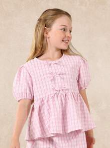 SUMWON Striped Bubble Sleeve Peplum Top And Shorts Set Girls Summer Wear Spring Resort Party Princess Outfit Youth Casual Two Piece Set