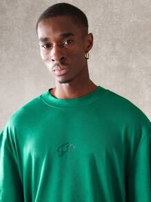 SUMWON 设计师街头潮流 T 恤短款上衣多层双袖休闲都市超大时尚宣言纯棉平纹针织秋冬系列 - 綠色 - 查看 5