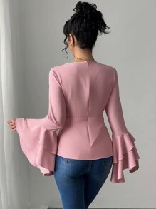 Chiquease Blusa elegante de mujer con doble capa y volantes en los puños - Rosa - Ver 2