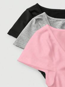 SHEIN Unity 女士夏季純色修身3件套裝，方領短袖T卹