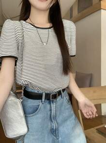 DAZY Women Crew Neck Striped Casual Puff Sleeve T-Shirt Cute Tops - Black and White - View 2