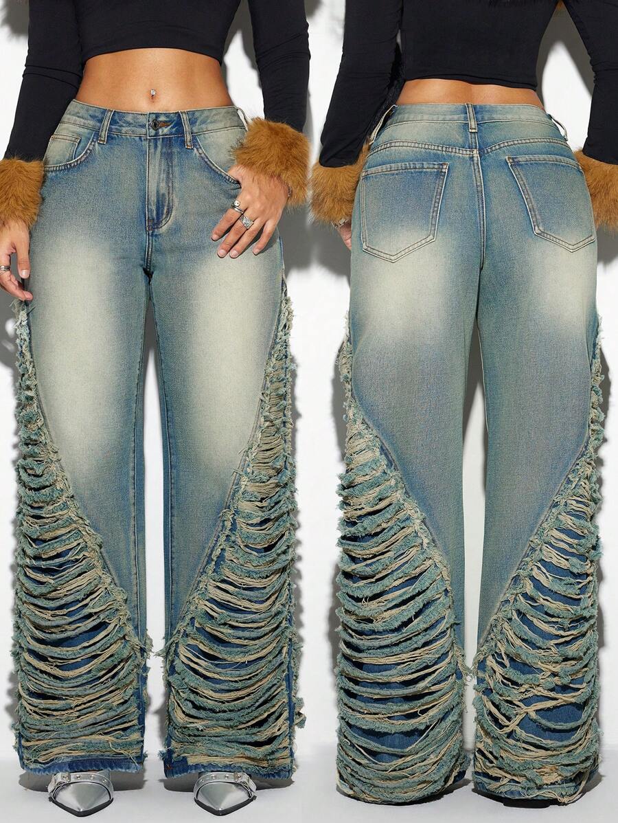 SHEIN ICON Women's Retro Washed Distressed Straight Leg Jeans - Blue - View 1