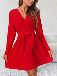 SHEIN Clasi 女士纯色裹身领带优雅简约时尚优雅连衣裙，春秋季新年衣服