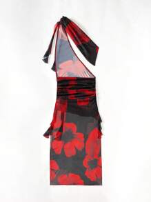 SHEIN Swim Springbreak 女式随机花卉印花不对称荷叶边镂空不对称领口沙滩罩衫 - 彩色 - 查看 4