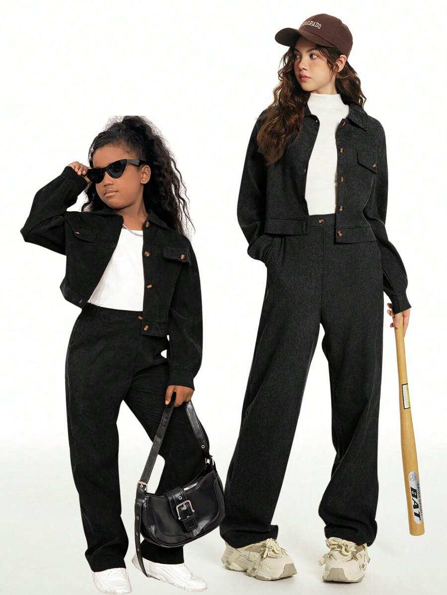 2pcs/Set Teenager Girls' Front Button Long Sleeve Pocket Casual Top And Pants