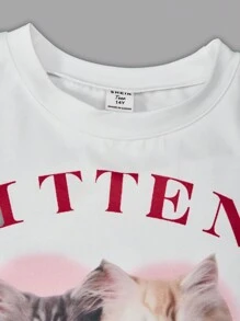 SHEIN 少女可爱猫咪印花 T 恤和红色分层蛋糕裙 2 件套服装，适合春夏季休闲日常和约会 - 紅色 - 查看 5