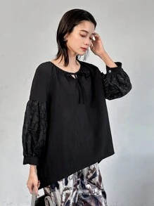 FRIFUL Blus Wanita Lengan Panjang Polos dengan Ikatan di Depan, Sederhana, Cocok untuk Pakaian Kasual Sehari-hari - Hitam - View 3