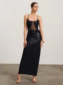 SHEIN Unity Women's Sequin Splicing Mesh Bodycon Long Dress - Black - View 1