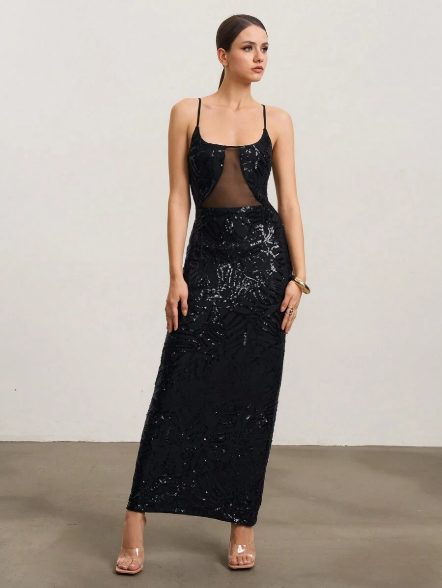 SHEIN Unity Women's Sequin Splicing Mesh Bodycon Long Dress - Black - View 1
