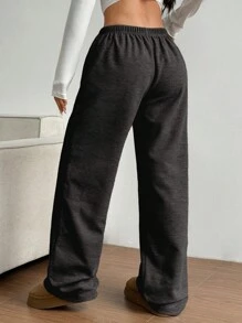 SHEIN Unity Women's Grey Waffle Textured Low Rise Straight Pockets Loose Wide Leg Casual Sporty Pants, Street Style, Spring - Dark Grey - View 2