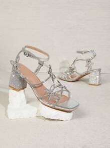 SHUZIA Women's Rhinestone Butterfly Decor Square Toe Block Heel Ankle Strap Silver Sandals - Glamorous, Elegant & Comfortable Spring Shoes Spring Break Easter Prom Heels Wedding Shoes - Silver - View 1