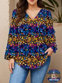 Warp Atelie Artist Elegant Plus Size Women V-Neck Lantern Sleeve Loose Long Sleeve Blouse, Sparkling Sequins Party Tops, Suitable For Autumn/Winter, Multi-Colors, Vacation, Spring, Beach, Going Out, Festival