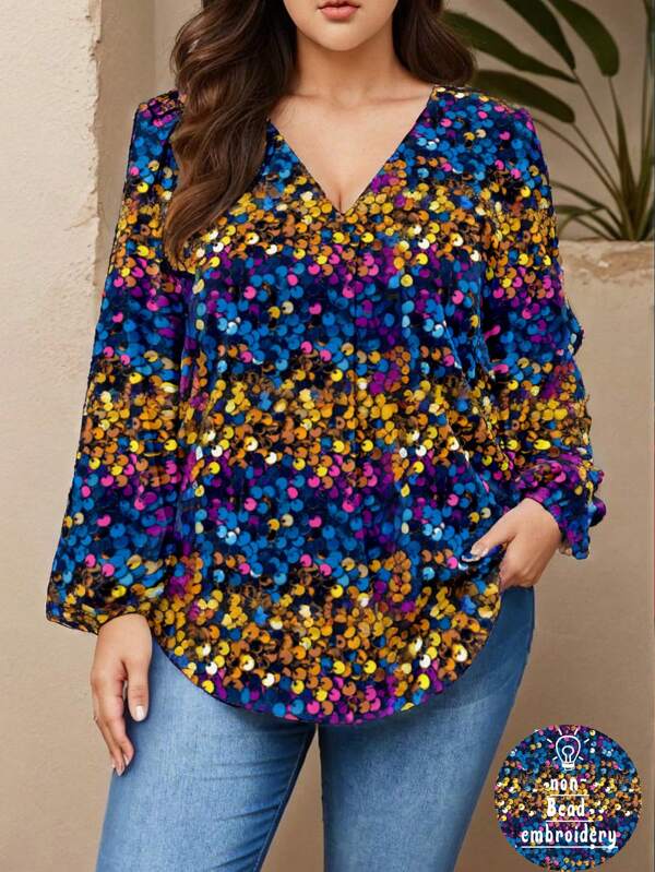 Warp Atelie Artist Elegant Plus Size Women V-Neck Lantern Sleeve Loose Long Sleeve Blouse, Sparkling Sequins Party Tops, Suitable For Autumn/Winter, Multi-Colors, Vacation, Spring, Beach, Going Out, Festival