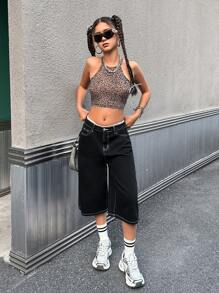 SHEIN Teen Girl Y2K Contrast Line Black Loose Fit Denim Pants,Kid Girls Spring And Summer Casual Vacation Country Boho Wear, Beach Outfits For Kid Girls,Western Street Wear For Girl , Spring Break Rave Outfits Festival Outfits - Black - View 4