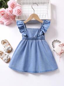 SHEIN Đầm denim xanh dễ thương thắt nơ lớn cho bé gái, trang phục mặc nhà mùa xuân và mùa hè cho bé gái, trang phục đi biển cho bé gái, trang phục đường phố phương Tây cho bé gái - Rửa nhẹ - Xem 2