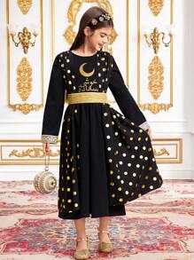 Tween 女童优雅奢华金色几何印花拼接喇叭袖荷叶边喇叭下摆中长连衣裙