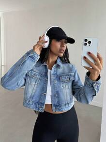 EURMUSE CROP LGHT WASH DENIM JACKET SIMPLE FASHIONABLE DAILY CASUAL