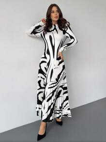 Firerie Women Elegant Autumn/Spring New Pleated Geometric Pattern A-Line Long Sleeve Bodycon Long Dress For Going Out,Teacher,Valentine's Day