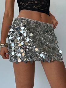 Aloruh Women's Carnival Sexy Low Waist Sequin Mini Skirt Women Club & Party Silver Skirts Women Music Festival Outfits Club Outfits Women Sexy - Silver - View 5