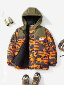 SHEIN Tween Boy Camouflage Print Patchwork Hooded Long Sleeve Jacket, Autumn/Winter - Black - View 1