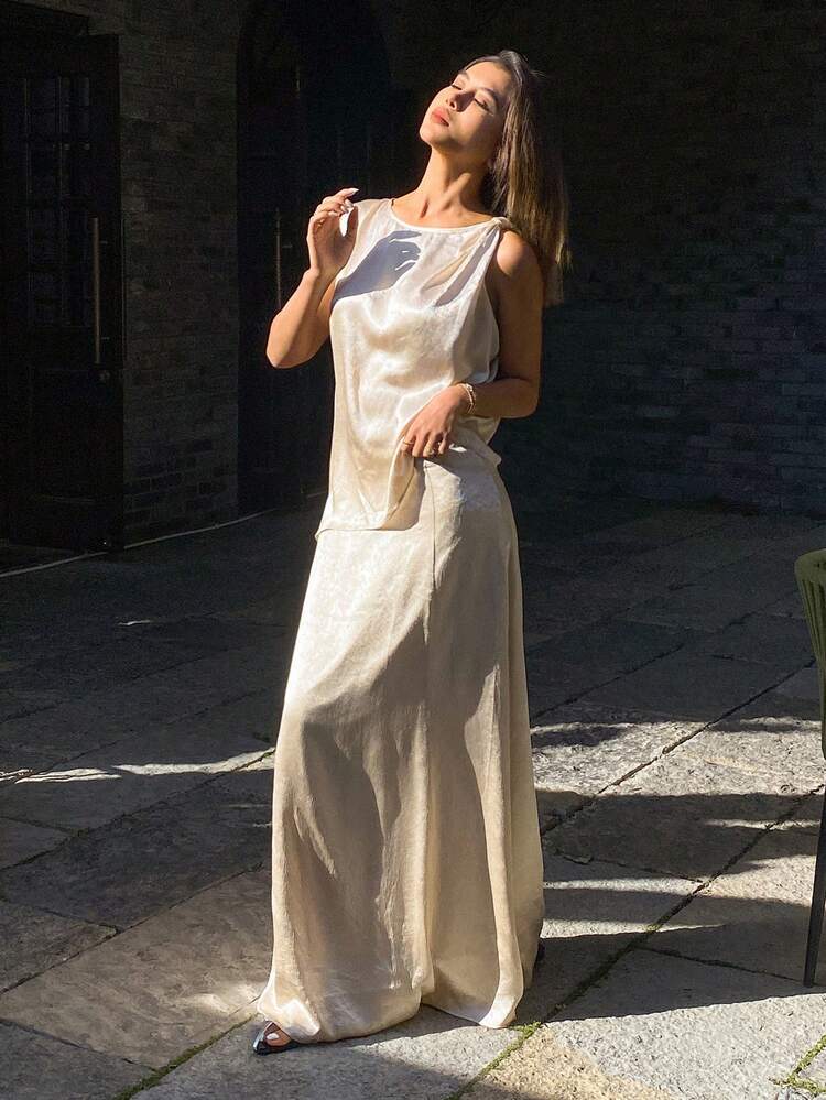 2pcs Set Women Solid Color Sleeveless Twist Front Vest And Skirt Elegant Spring/Summer Outfit,Fall Clothes