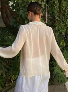 Livesso Vacation Beach Chiffon Blouse With Ruffle Hem, Tie Neck Drawstring Long Sleeve Shirt For Women,Fall Women Clothes - Beige - View 3