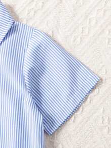 2 pièces Ensembles pour Jeunes Garçons: Haut à manches courtes avec col boutonné bleu et blanc décoré de nœud papillon + Pantalon bleu à taille élastique, Style Britannique Décontracté Adapté pour l'Extérieur, les Fêtes en Été (2 Ensembles Vendus Séparément) - bleu indigo - Voir 6