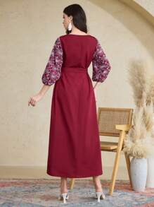 Al Najma Robe abaya pour femmes avec broderie florale modeste, robes longues modestes - Rouge - Voir 7