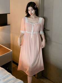 DAZY Sweet Lace & Mesh Panel Scoop Neck Waist Defined Nightgown Pajama - Pink - View 4