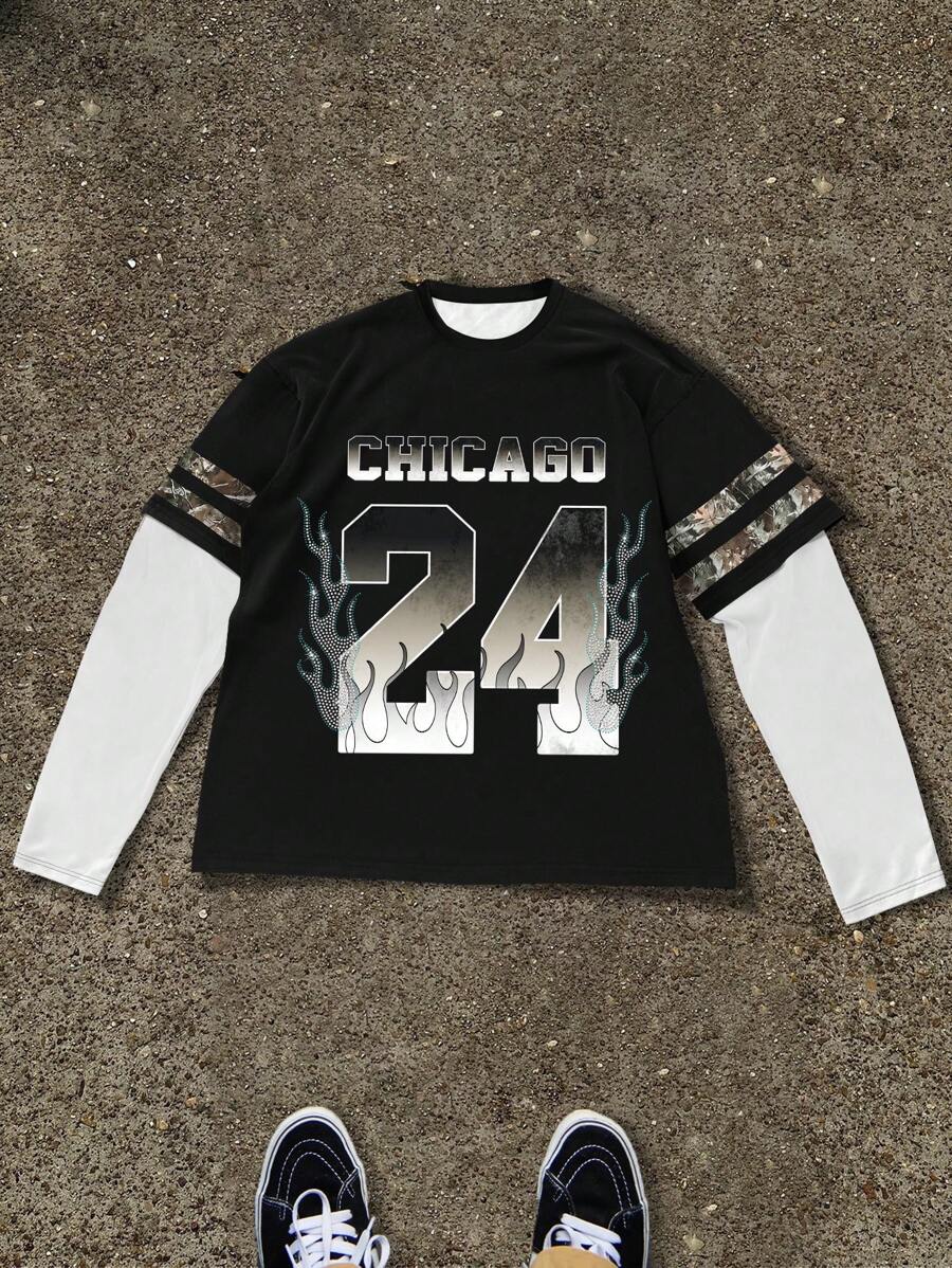 Manfinity EMRG Men Casual Colorblock Letter And Flame Print Round Neck Long Sleeve Jersey T-Shirt, For Going Out - Black - View 1
