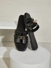 SHUZIA 畅销女式奢华金色锁缝细节方头平底 PU 黑色拖鞋凉鞋 - 精致、优雅、时尚 - 黑色 - 查看 6