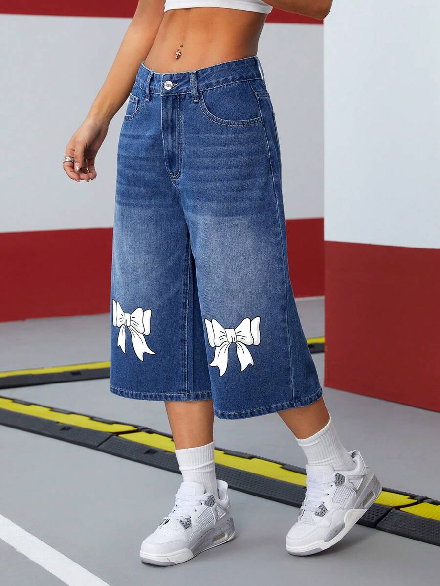 SHEIN ICON 女士蝴蝶结、猫须、豹纹水洗牛仔七分裤 - 中等水洗藍 - 查看 1