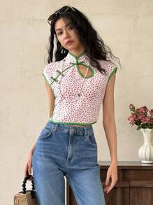 EastFlair Blusa informal con estilo nacional, de color y estampado de flores diminutas, de moda para llevar a diario