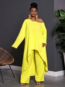 Slaydiva Plus Size New Minimalist Western Style Yellow Crop Top And Wide-Leg Pants 2 Pieces Set, Casual Asymmetric Long Sleeve Loose Top And Trousers Outfit, Suitable For Spring/Summer Fall Cloth For Women - Yellow - View 4