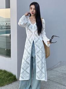 DAZY 纯色宽松镂空长袖休闲度假薄款女士开衫，夏季，秋季服装 - 白色 - 查看 7
