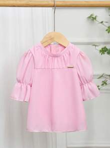 SHEIN Kleine Mädchen Rosa Kragen Knopfleiste Geraffter Laternärmel Bluse, kann mit Rock oder Top kombiniert werden, Sommer, geeignet für Ausflüge, Zuhause, Partys (Geschwister-Matching, 2 Teile separat erhältlich) - Pink - Übersicht 3