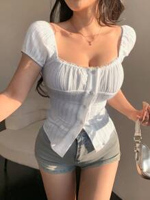 DAZY Women's Sweet Puff Sleeve Square Neck Short Sleeve T-Shirt Preppy Tops - White - View 2