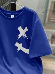 SHEIN Leap Crew 2 件套青少年男童休闲笑脸印花针织短袖 T 恤和印花短裤套装，简约百搭，适合日常穿着 - 寶藍色 - 查看 5