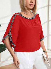 Plus Size Summer Contrast Trim Casual Top, For Everyday Wear - Redwood - View 3