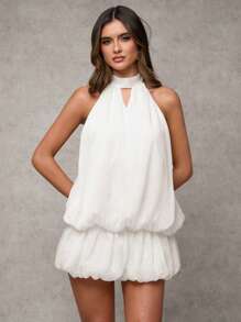 SHEIN BAE Women's All White Summer Casual Night Out Chiffon Halter Neck Backless Mini Dress,Gathered Balloon Bud Skirt,Party Cocktail Birthday Club Outfits - White - View 6