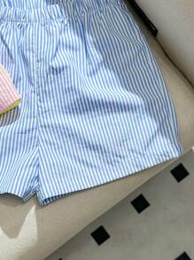 SHEIN 2pcs/Set Baby Boy Contrast Color Striped Decor Pocket Front Collar Short Sleeve Shirt & Shorts Set - Blue - View 7
