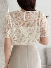 DAZY 女式透明泡泡袖衬衫，春夏新款，返校服装 - 白色 - 查看 2